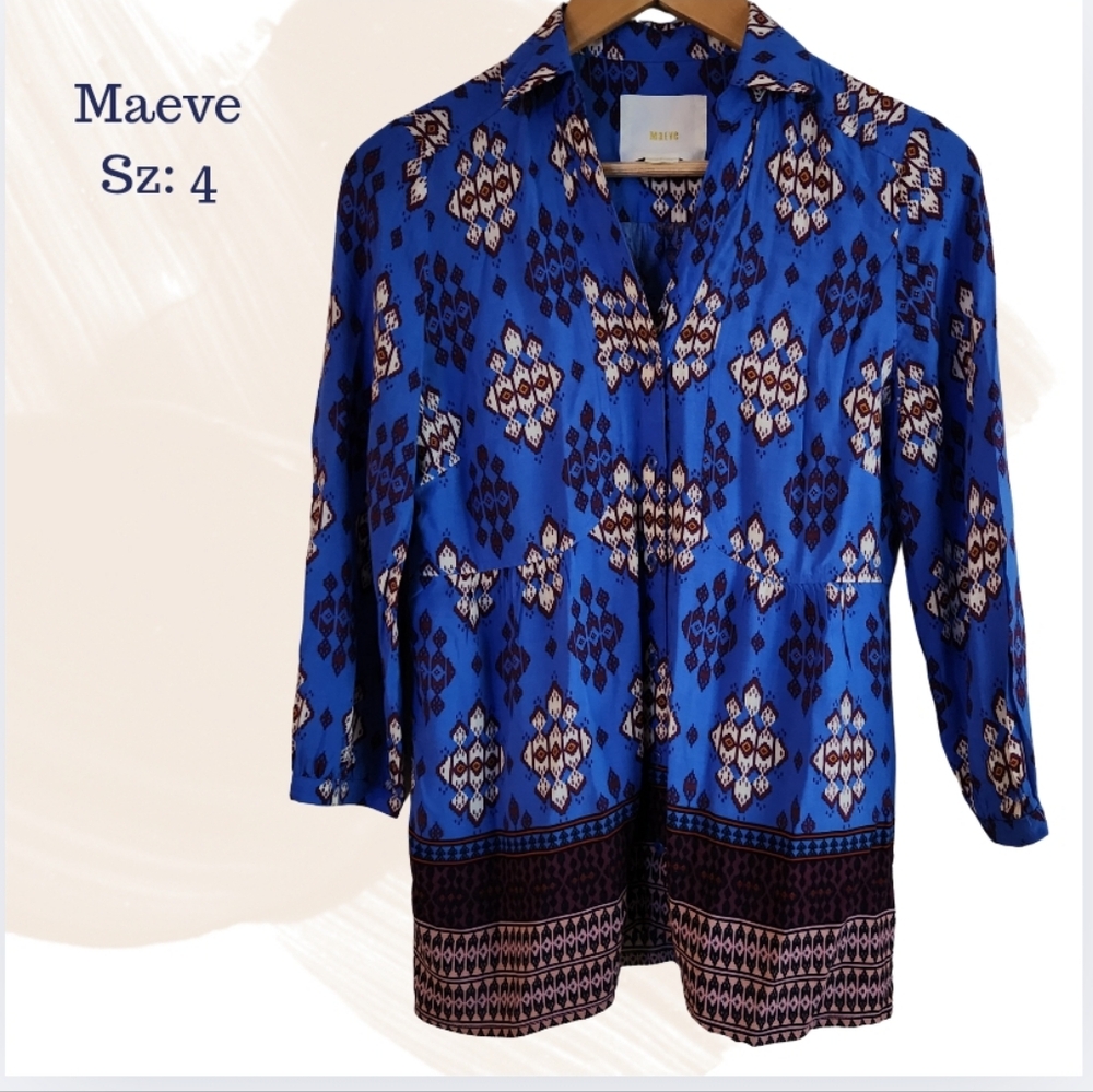 Maeve by Anthropologie Blue Boho Print Button Down Shirt‎ Women’s Size 4